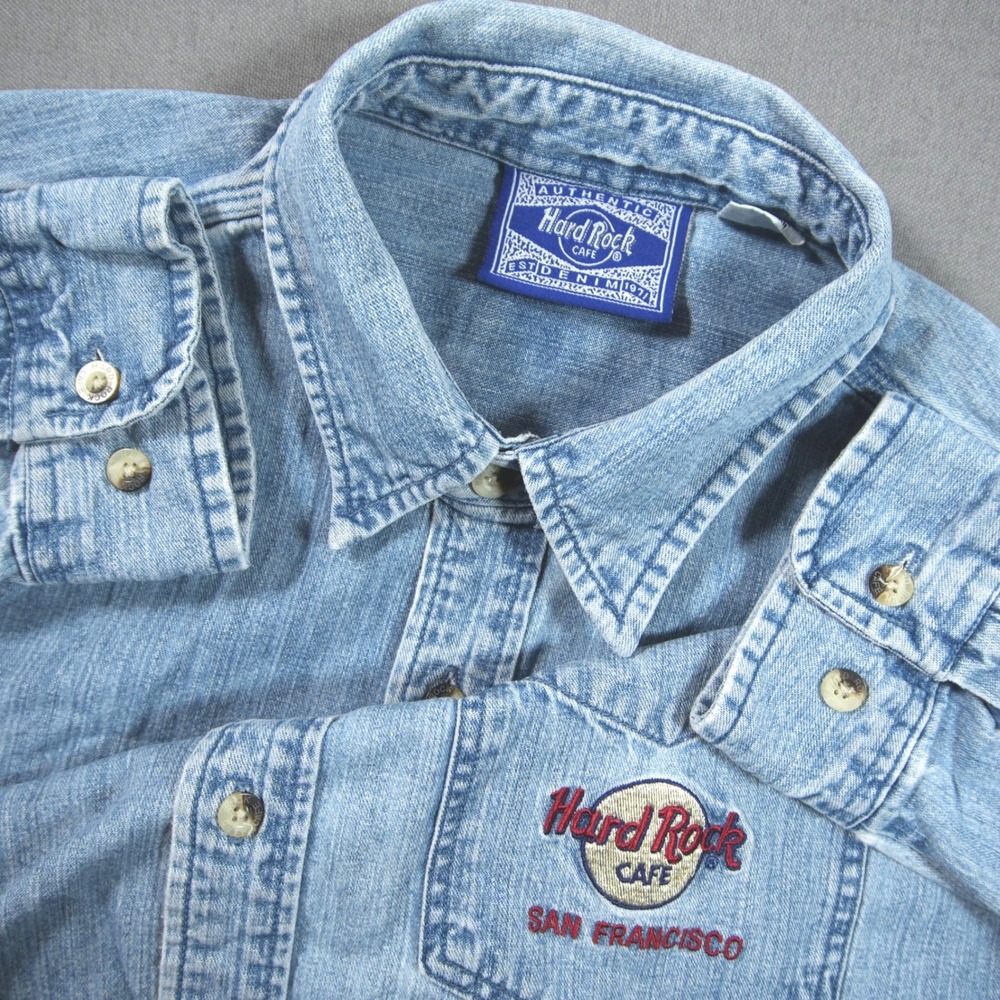 90s Hard Rock Cafe Chambray San Francisco Denim Men Shirt L Y2K Retro Western